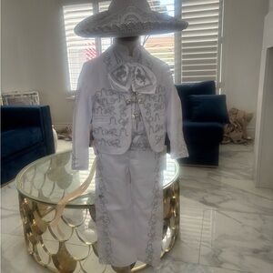 Charro white toddler set. Comes with hat, shirt, vest, jacket, pants, and bow